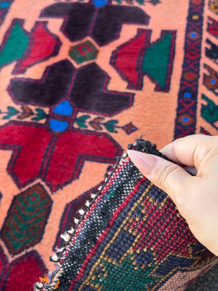 3x5 (91x152) Handmade Vintage Afghan Baluch Rug Coral Pink Orange Blood Red Forest Green Eggplant Purple Royal Blue Mustard Gold Black Brown