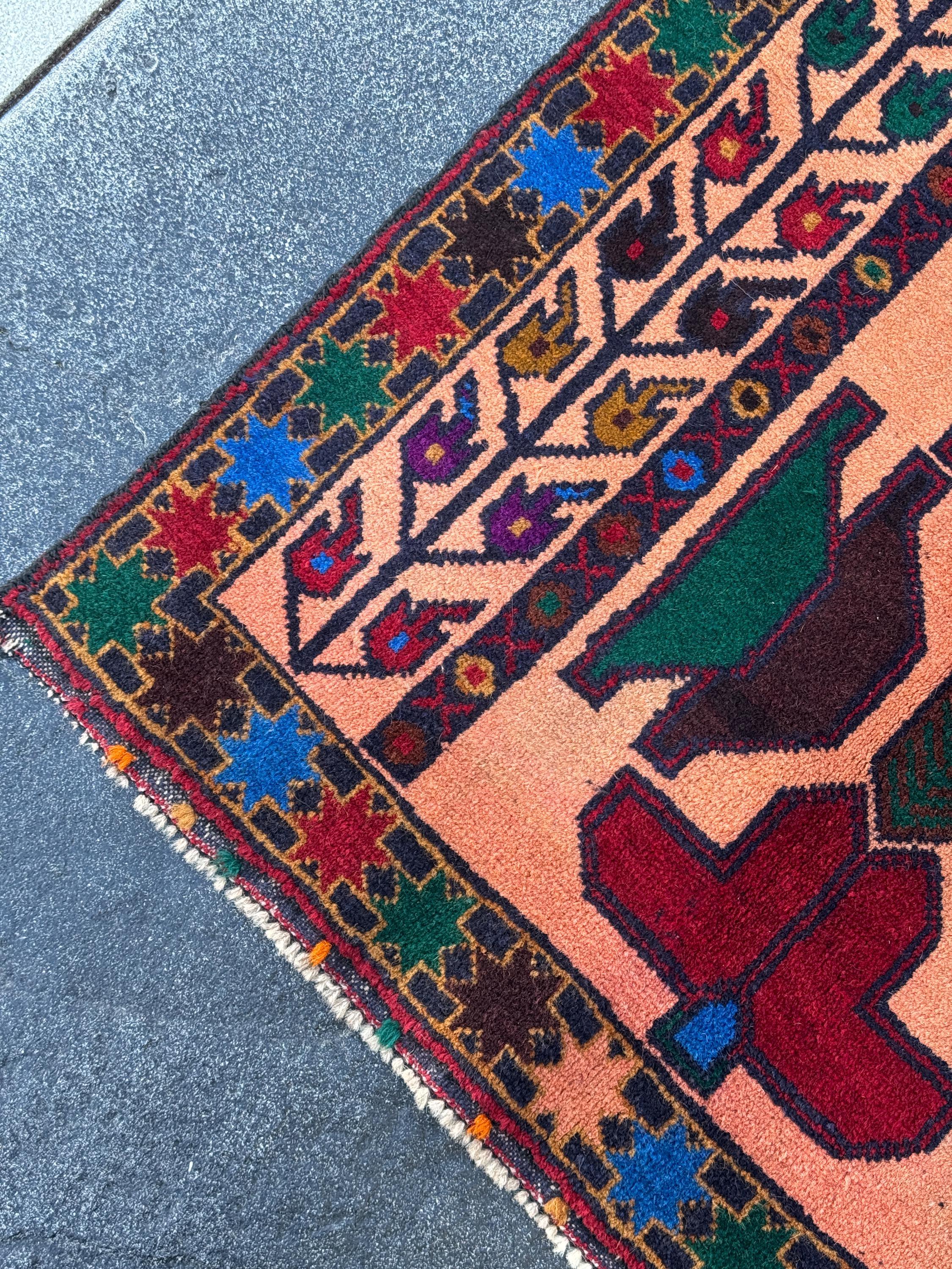 3x5 (91x152) Handmade Vintage Afghan Baluch Rug Coral Pink Orange Blood Red Forest Green Eggplant Purple Royal Blue Mustard Gold Black Brown