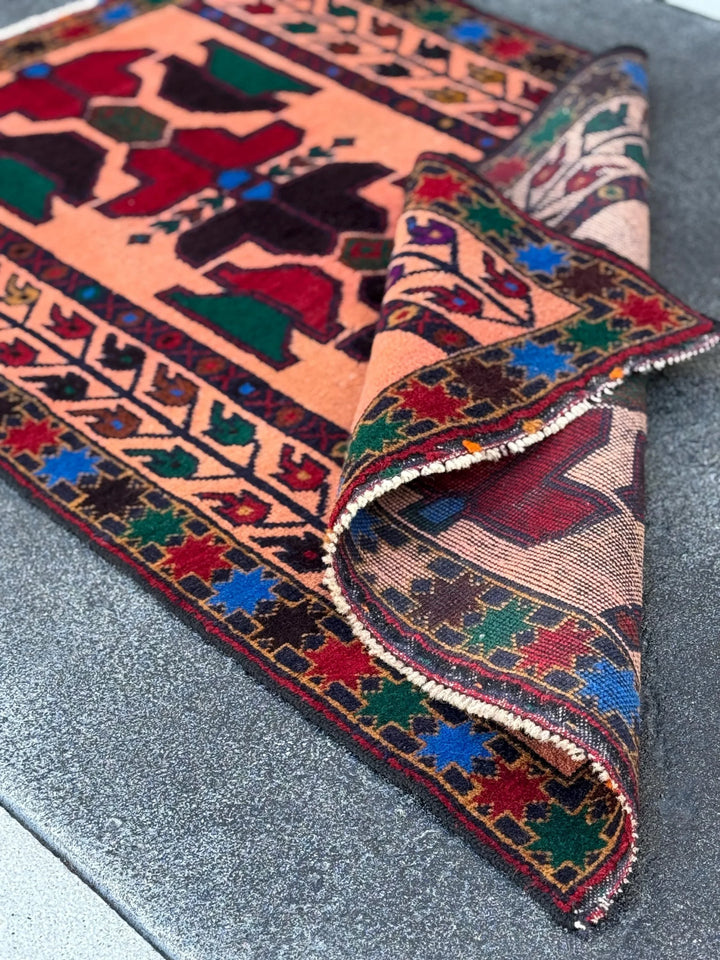 3x5 (91x152) Handmade Vintage Afghan Baluch Rug Coral Pink Orange Blood Red Forest Green Eggplant Purple Royal Blue Mustard Gold Black Brown