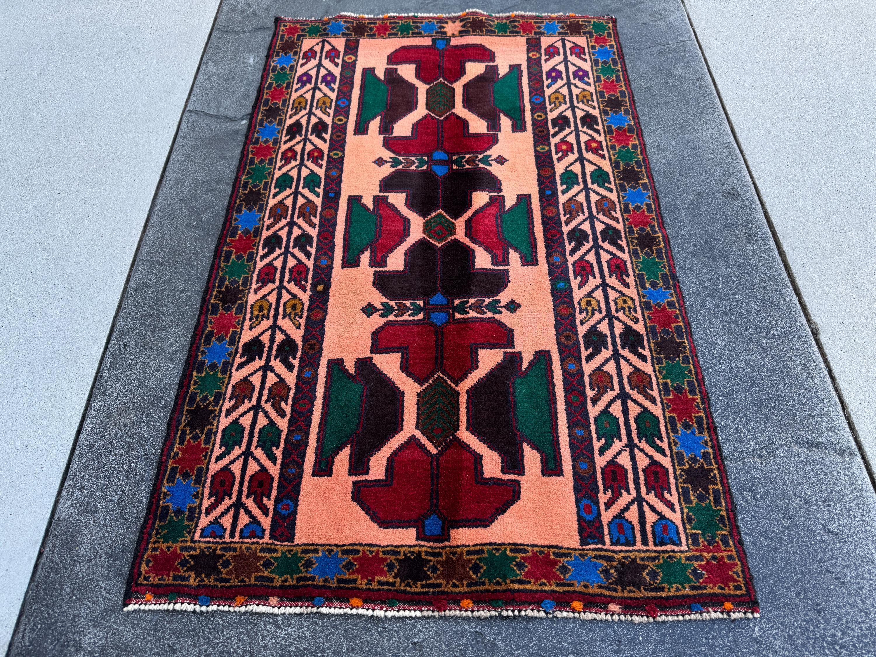 3x5 (91x152) Handmade Vintage Afghan Baluch Rug Coral Pink Orange Blood Red Forest Green Eggplant Purple Royal Blue Mustard Gold Black Brown