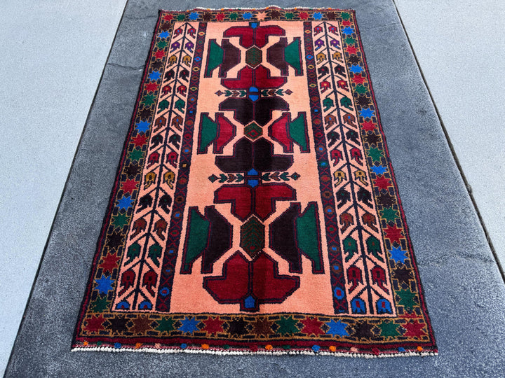 3x5 (91x152) Handmade Vintage Afghan Baluch Rug Coral Pink Orange Blood Red Forest Green Eggplant Purple Royal Blue Mustard Gold Black Brown