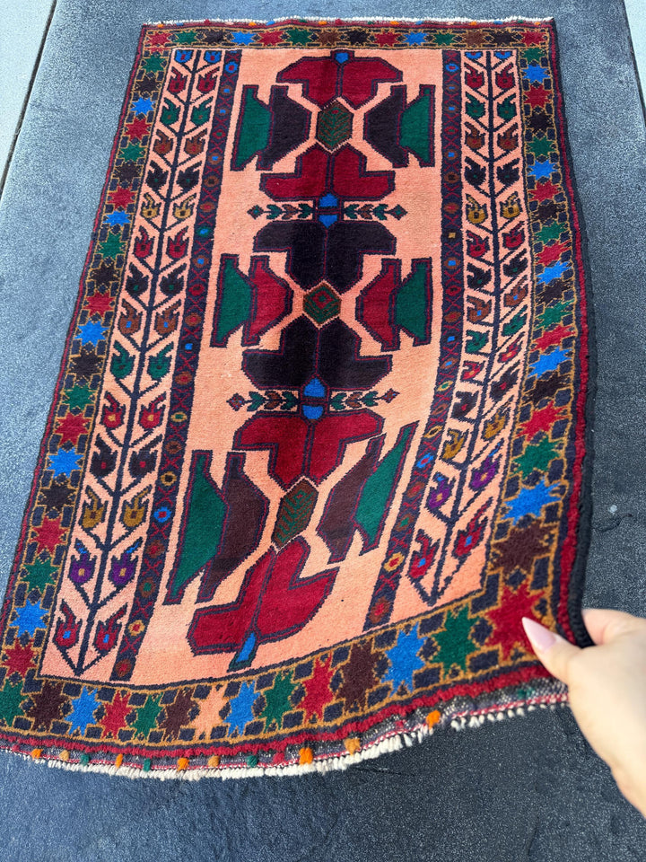 3x5 (91x152) Handmade Vintage Afghan Baluch Rug Coral Pink Orange Blood Red Forest Green Eggplant Purple Royal Blue Mustard Gold Black Brown