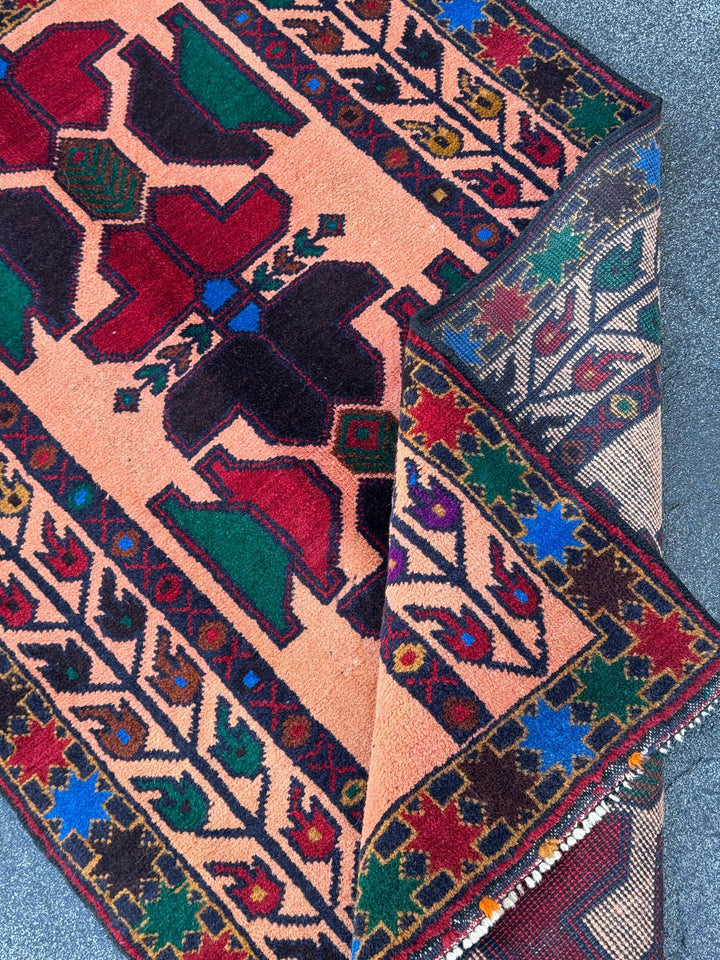 3x5 (91x152) Handmade Vintage Afghan Baluch Rug Coral Pink Orange Blood Red Forest Green Eggplant Purple Royal Blue Mustard Gold Black Brown