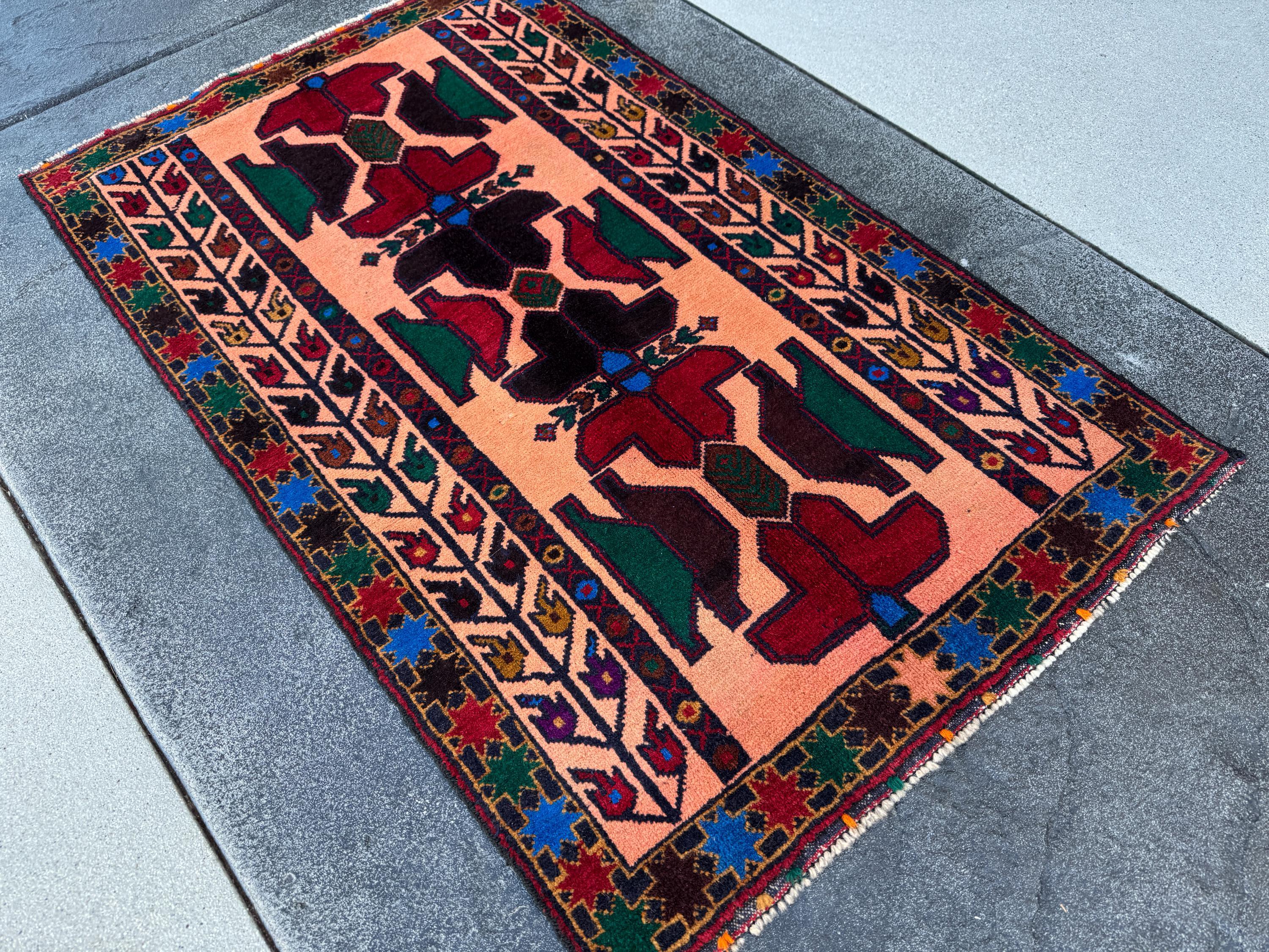 3x5 (91x152) Handmade Vintage Afghan Baluch Rug Coral Pink Orange Blood Red Forest Green Eggplant Purple Royal Blue Mustard Gold Black Brown