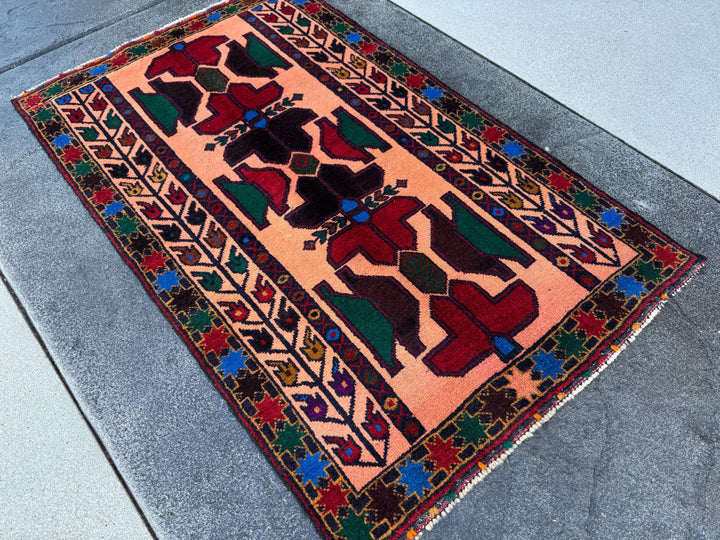 3x5 (91x152) Handmade Vintage Afghan Baluch Rug Coral Pink Orange Blood Red Forest Green Eggplant Purple Royal Blue Mustard Gold Black Brown