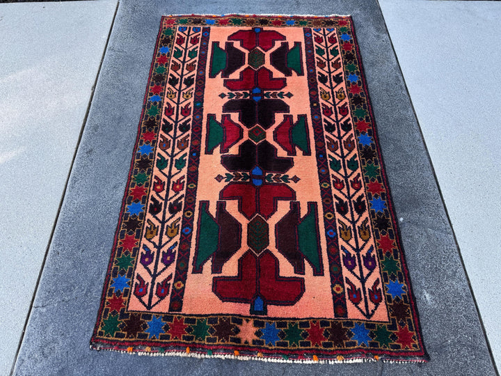 3x5 (91x152) Handmade Vintage Afghan Baluch Rug Coral Pink Orange Blood Red Forest Green Eggplant Purple Royal Blue Mustard Gold Black Brown