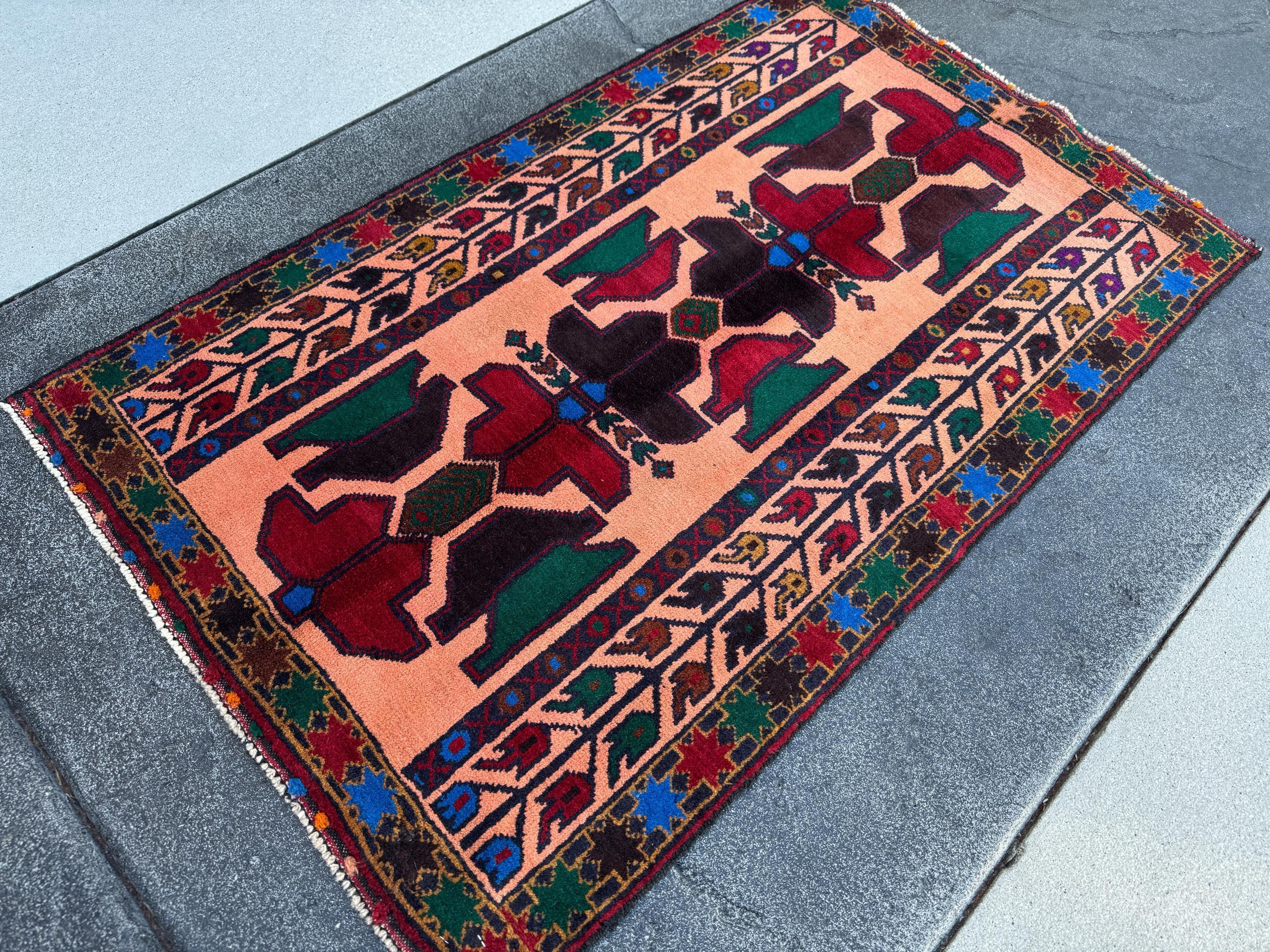 3x5 (91x152) Handmade Vintage Afghan Baluch Rug Coral Pink Orange Blood Red Forest Green Eggplant Purple Royal Blue Mustard Gold Black Brown