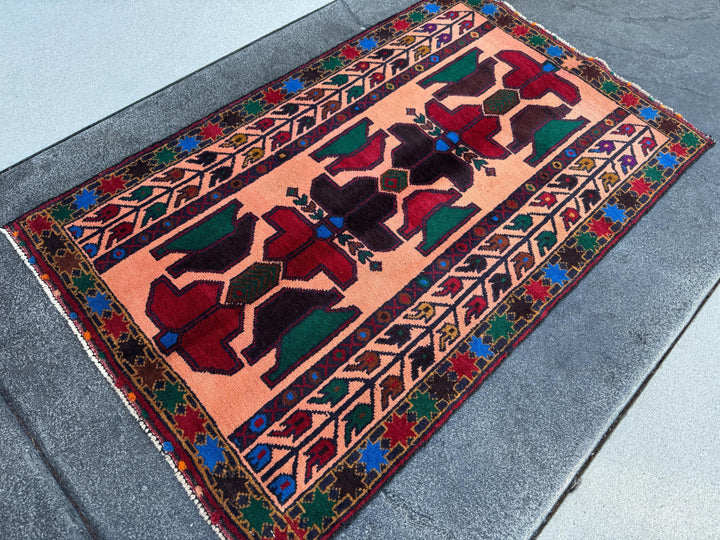 3x5 (91x152) Handmade Vintage Afghan Baluch Rug Coral Pink Orange Blood Red Forest Green Eggplant Purple Royal Blue Mustard Gold Black Brown