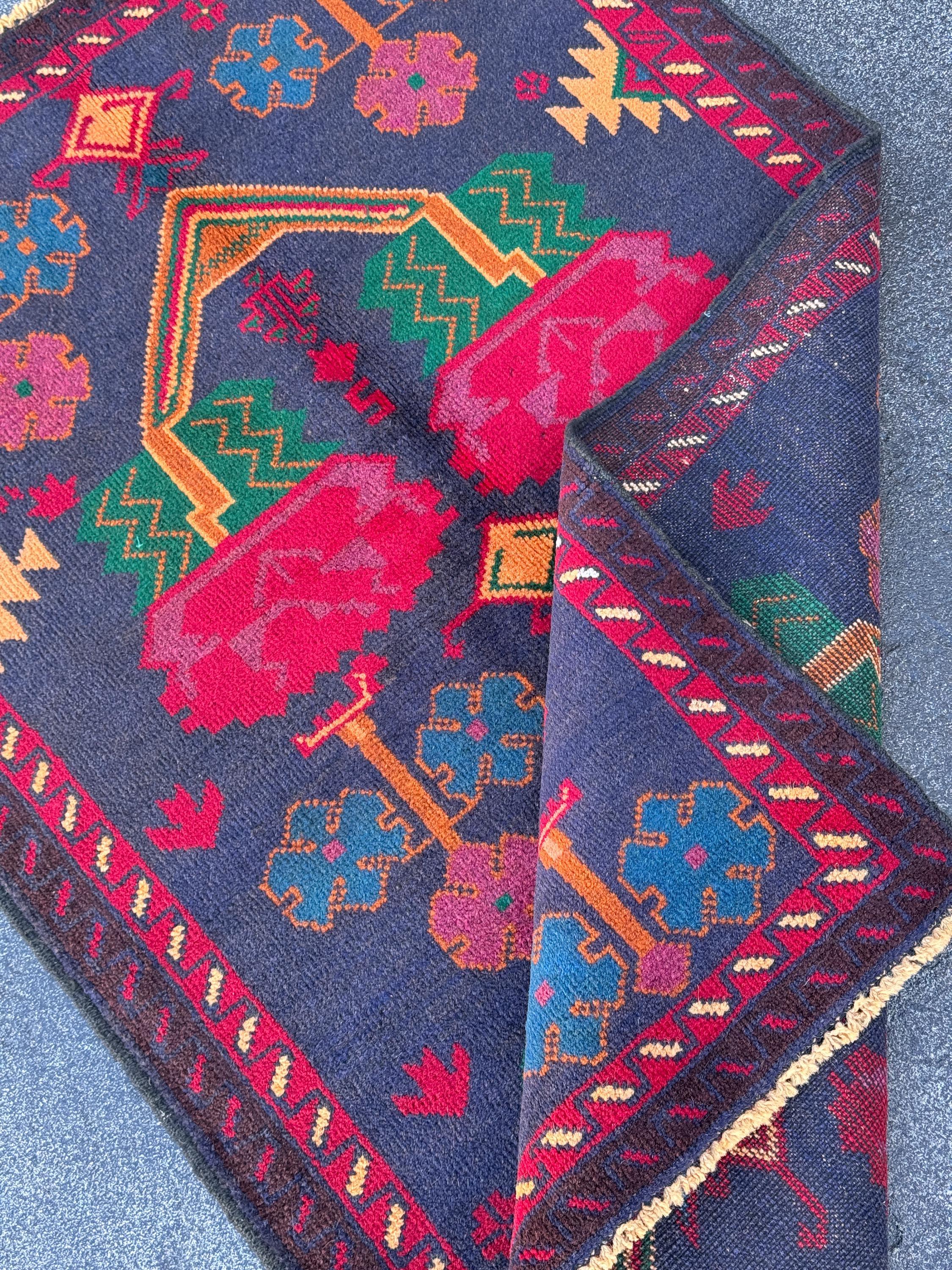 3x4-5 (91x152) Handmade Vintage Afghan Baluch Rug | Midnight Navy Denim Blue Burnt Orange Mustard Yellow Crimson Blood Red White Cream Black