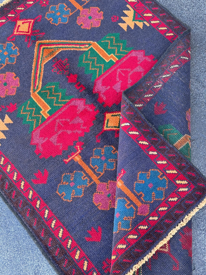3x4-5 (91x152) Handmade Vintage Afghan Baluch Rug | Midnight Navy Denim Blue Burnt Orange Mustard Yellow Crimson Blood Red White Cream Black