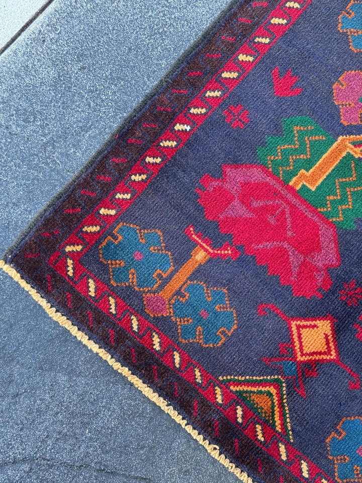 3x4-5 (91x152) Handmade Vintage Afghan Baluch Rug | Midnight Navy Denim Blue Burnt Orange Mustard Yellow Crimson Blood Red White Cream Black