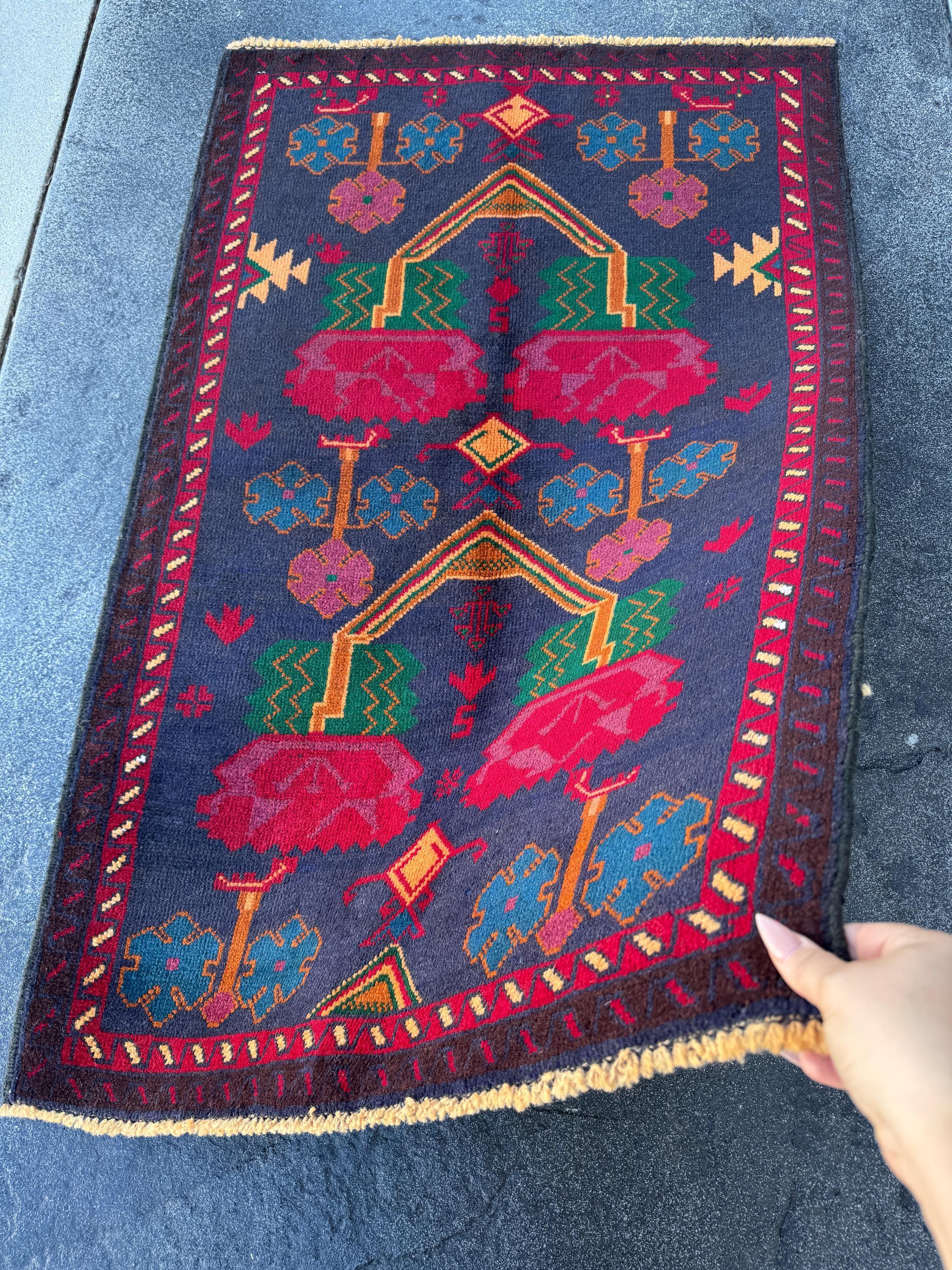 3x4-5 (91x152) Handmade Vintage Afghan Baluch Rug | Midnight Navy Denim Blue Burnt Orange Mustard Yellow Crimson Blood Red White Cream Black