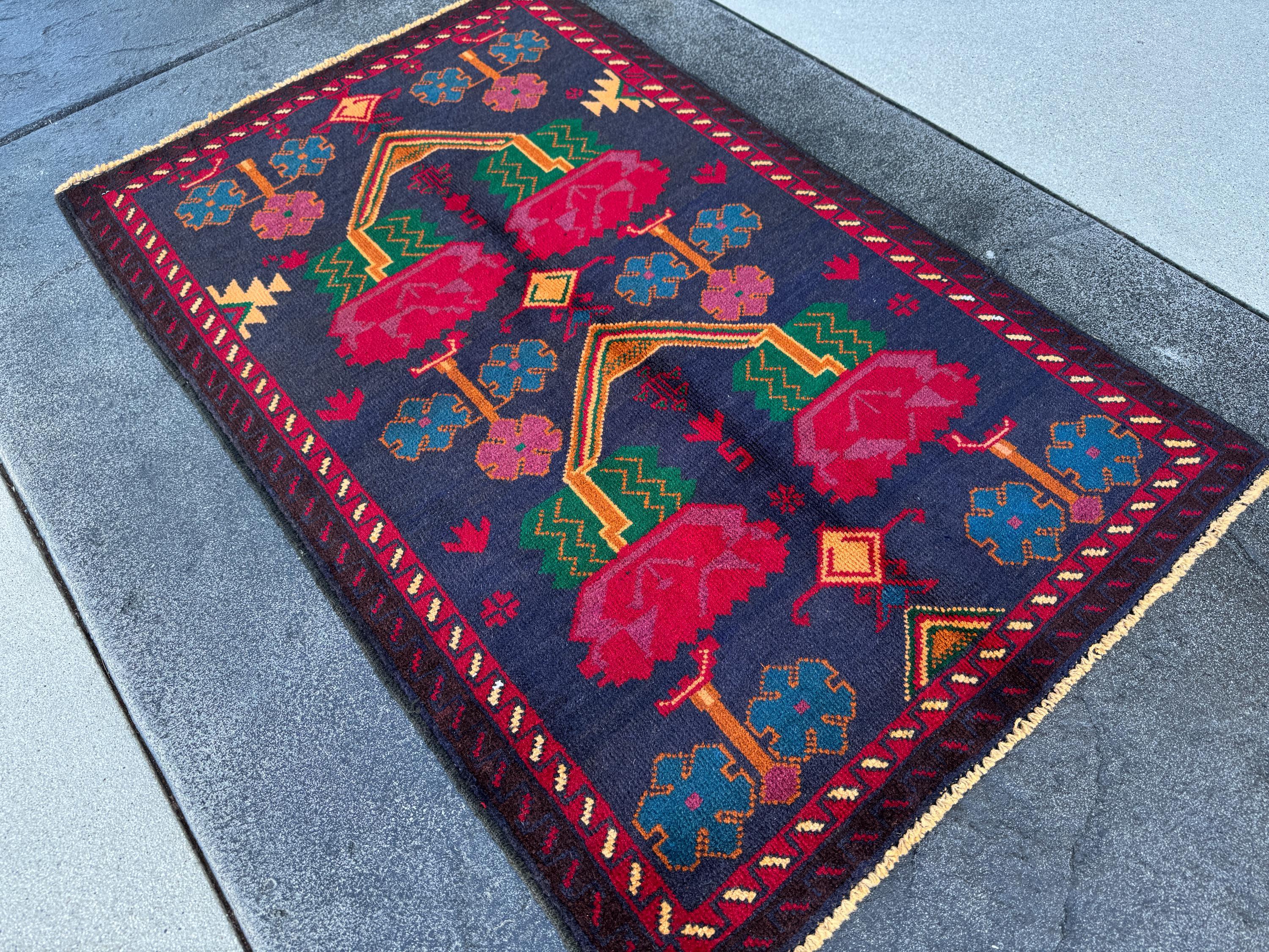 3x4-5 (91x152) Handmade Vintage Afghan Baluch Rug | Midnight Navy Denim Blue Burnt Orange Mustard Yellow Crimson Blood Red White Cream Black