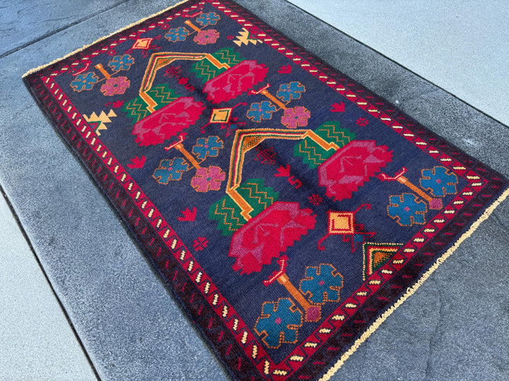 3x4-5 (91x152) Handmade Vintage Afghan Baluch Rug | Midnight Navy Denim Blue Burnt Orange Mustard Yellow Crimson Blood Red White Cream Black