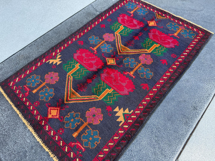 3x4-5 (91x152) Handmade Vintage Afghan Baluch Rug | Midnight Navy Denim Blue Burnt Orange Mustard Yellow Crimson Blood Red White Cream Black