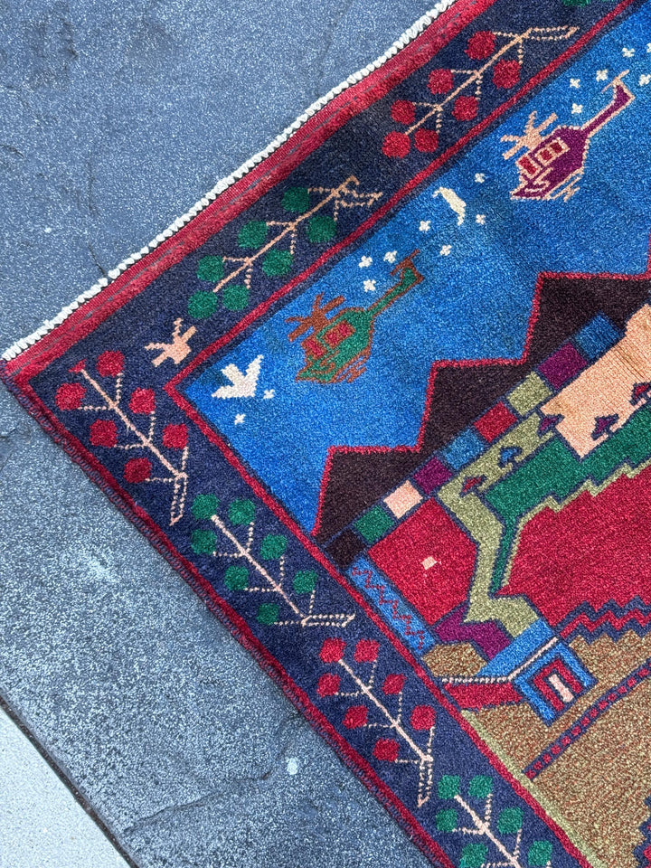 3x4-5 (91x152) Handmade Vintage Afghan Baluch Rug Navy Midnight Royal Blue Crimson Red Caramel Chocolate Brown Plum Moss Forest Green Cream
