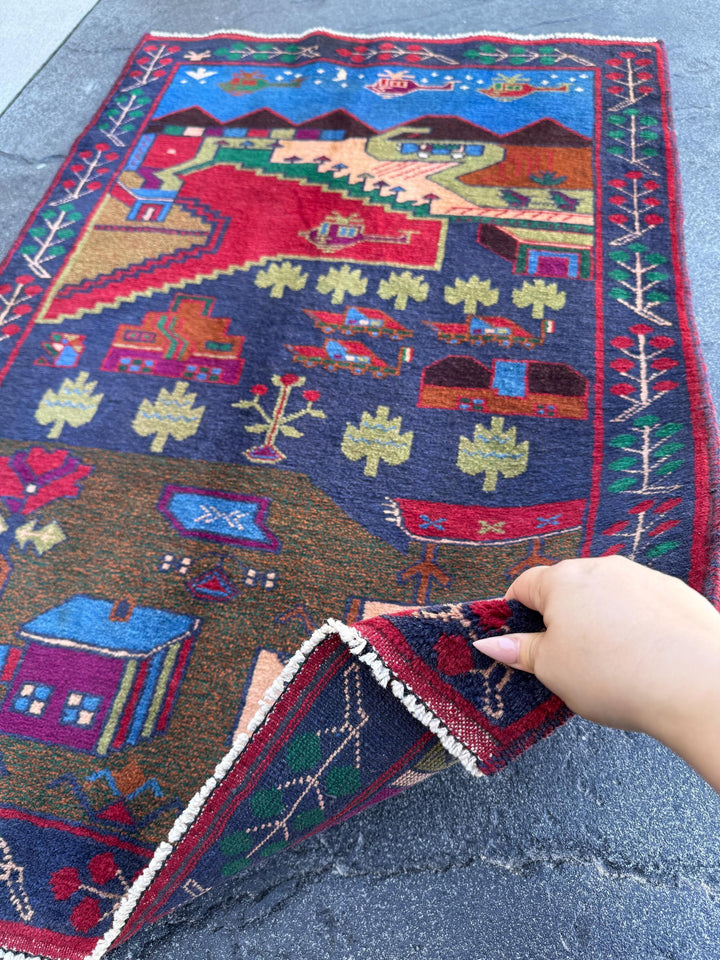 3x4-5 (91x152) Handmade Vintage Afghan Baluch Rug Navy Midnight Royal Blue Crimson Red Caramel Chocolate Brown Plum Moss Forest Green Cream