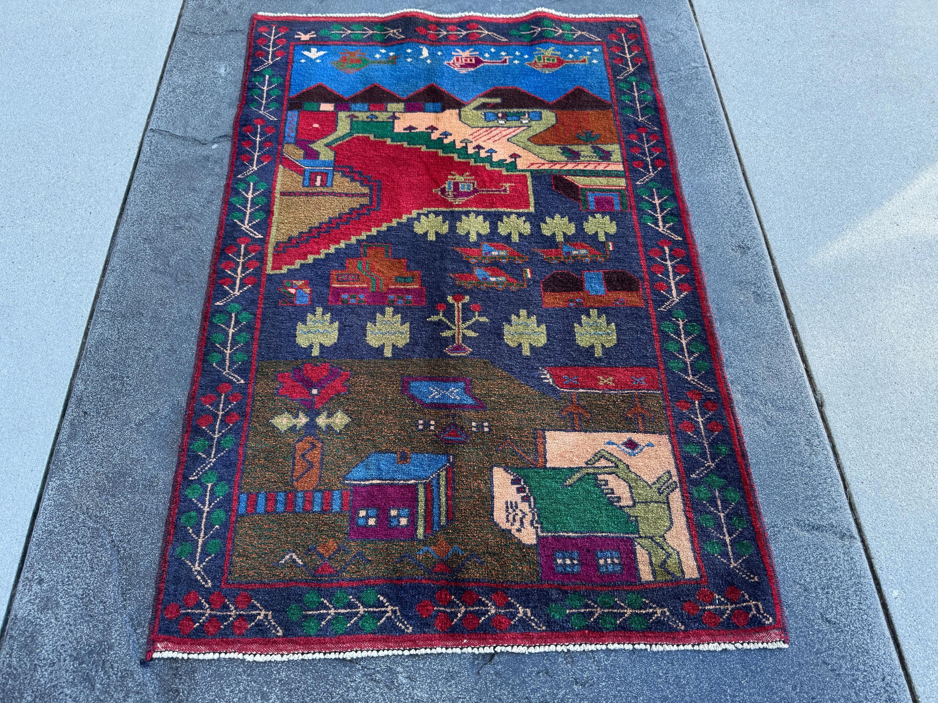 3x4-5 (91x152) Handmade Vintage Afghan Baluch Rug Navy Midnight Royal Blue Crimson Red Caramel Chocolate Brown Plum Moss Forest Green Cream