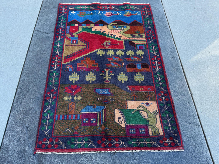 3x4-5 (91x152) Handmade Vintage Afghan Baluch Rug Navy Midnight Royal Blue Crimson Red Caramel Chocolate Brown Plum Moss Forest Green Cream