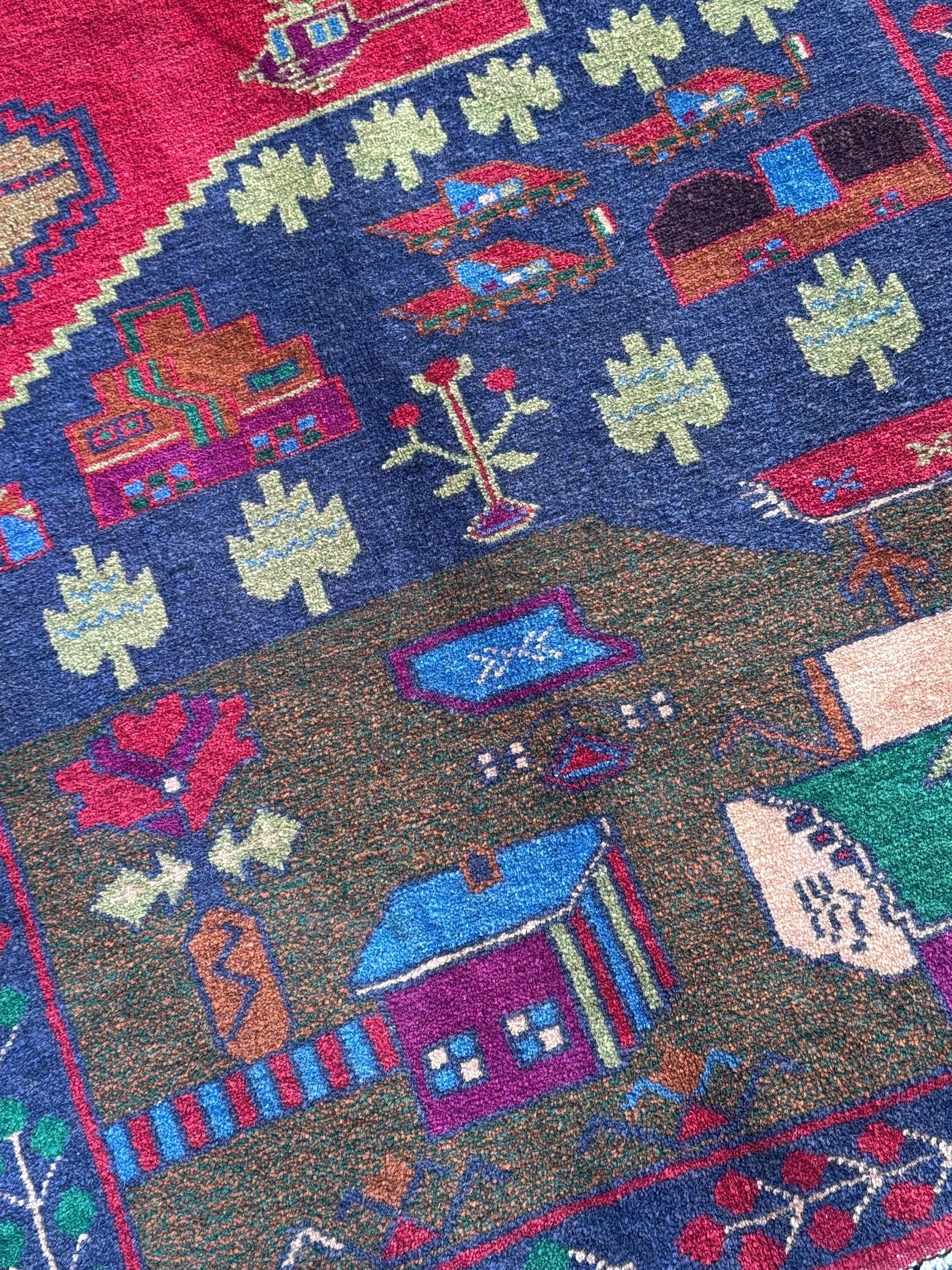 3x4-5 (91x152) Handmade Vintage Afghan Baluch Rug Navy Midnight Royal Blue Crimson Red Caramel Chocolate Brown Plum Moss Forest Green Cream