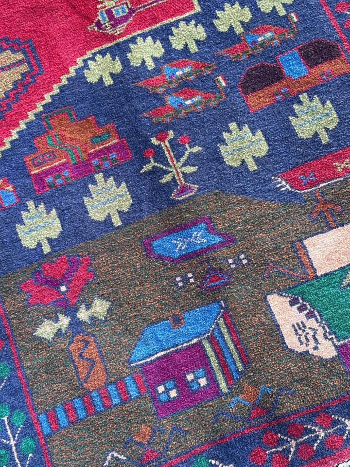 3x4-5 (91x152) Handmade Vintage Afghan Baluch Rug Navy Midnight Royal Blue Crimson Red Caramel Chocolate Brown Plum Moss Forest Green Cream