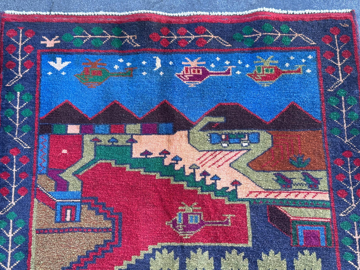 3x4-5 (91x152) Handmade Vintage Afghan Baluch Rug Navy Midnight Royal Blue Crimson Red Caramel Chocolate Brown Plum Moss Forest Green Cream