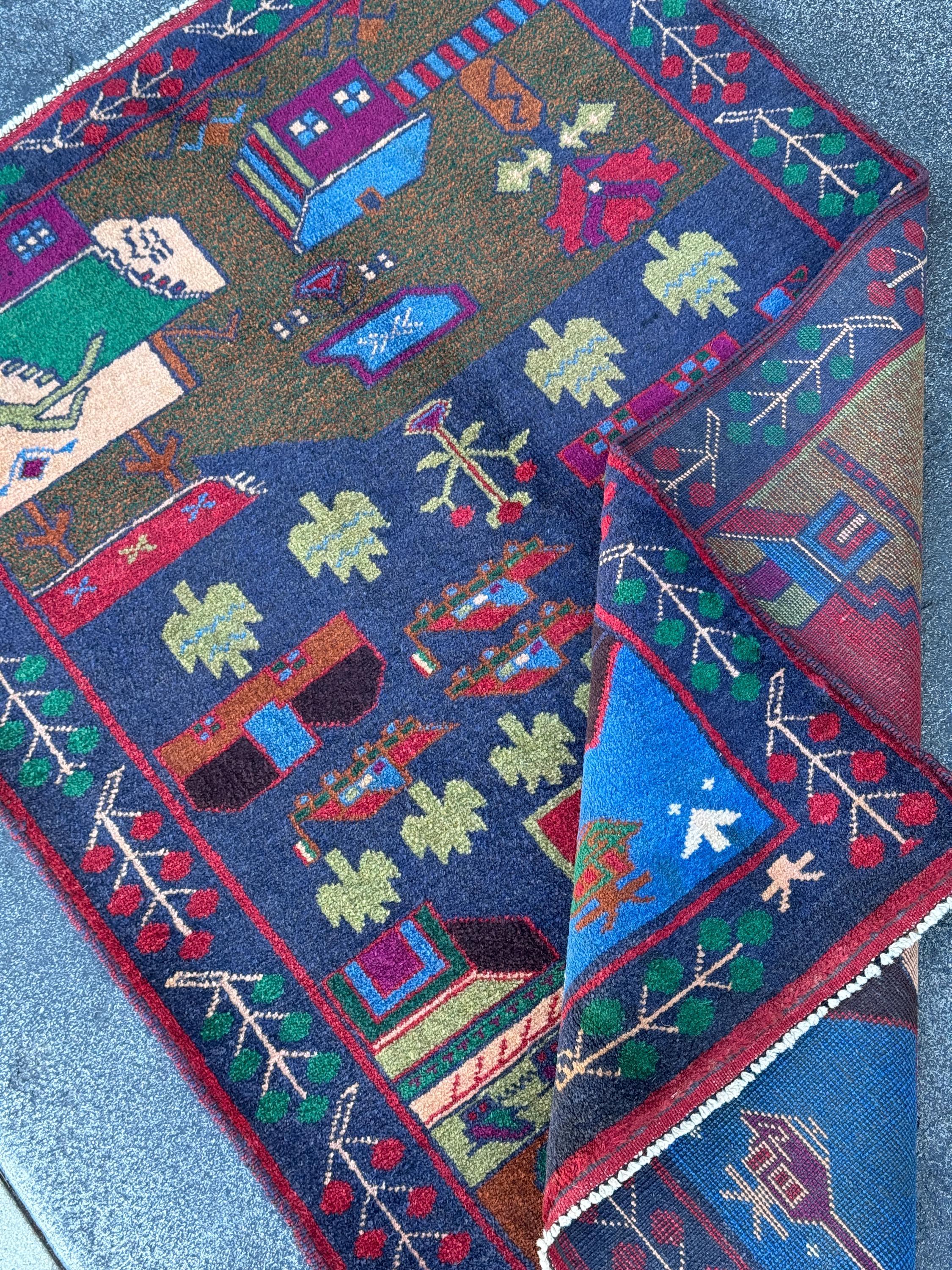3x4-5 (91x152) Handmade Vintage Afghan Baluch Rug Navy Midnight Royal Blue Crimson Red Caramel Chocolate Brown Plum Moss Forest Green Cream