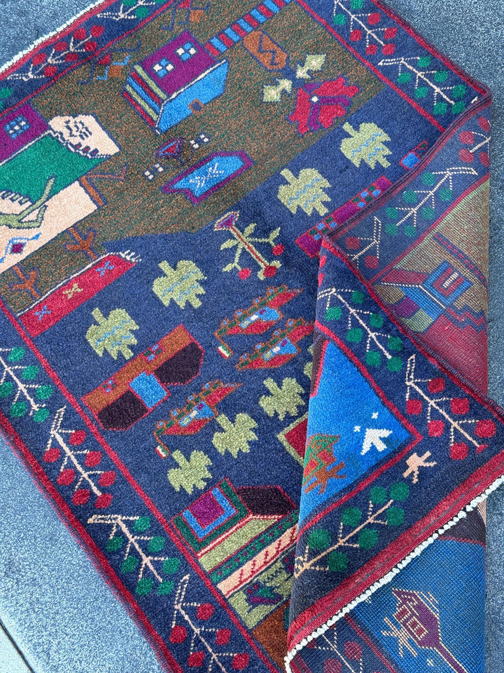 3x4-5 (91x152) Handmade Vintage Afghan Baluch Rug Navy Midnight Royal Blue Crimson Red Caramel Chocolate Brown Plum Moss Forest Green Cream
