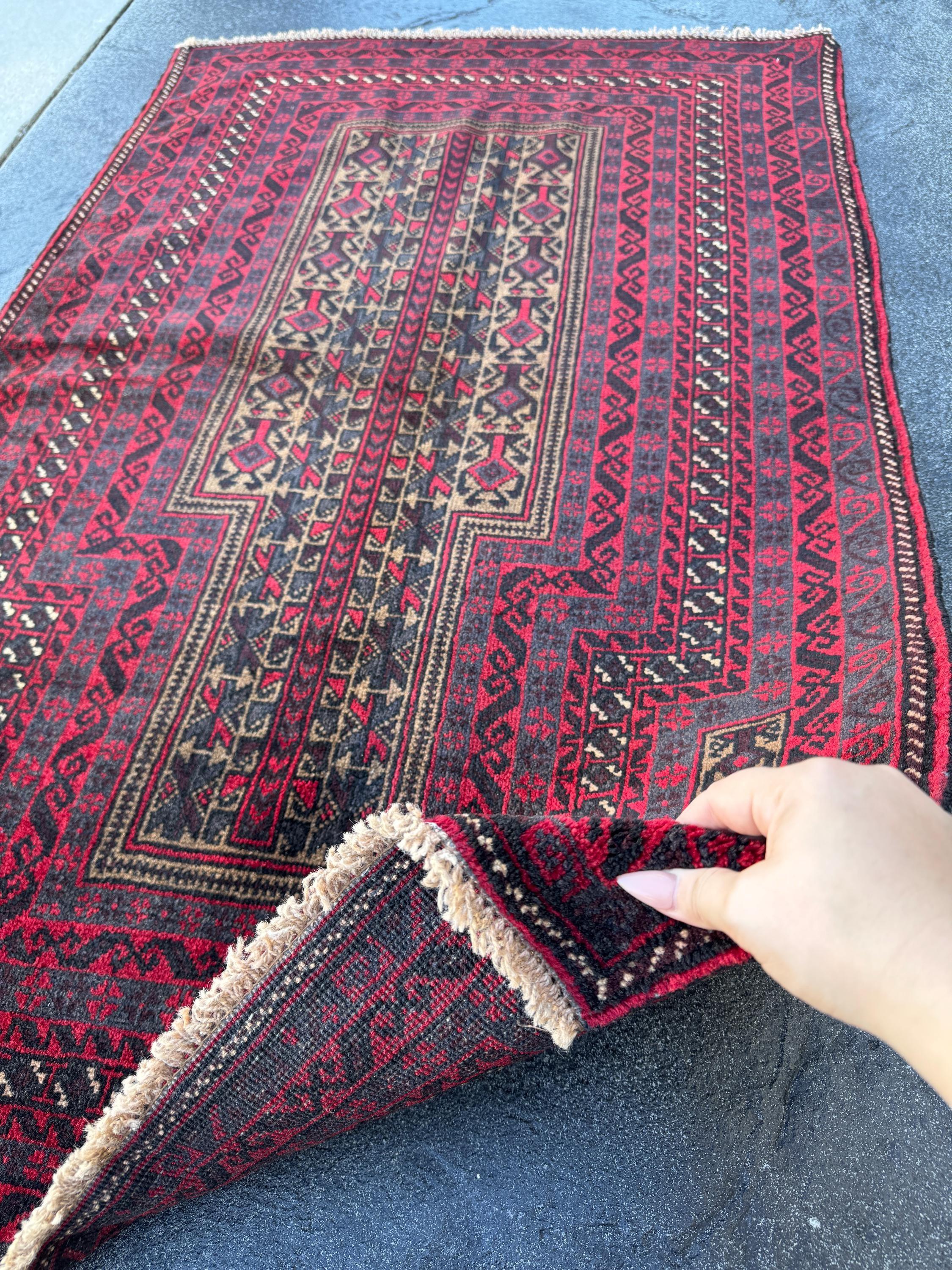 3x5 (91x152) Handmade Vintage Afghan Baluch Rug | Crimson Blood Red Black Grey Cream Beige Taupe Tan White | Wool Geometric Traditional