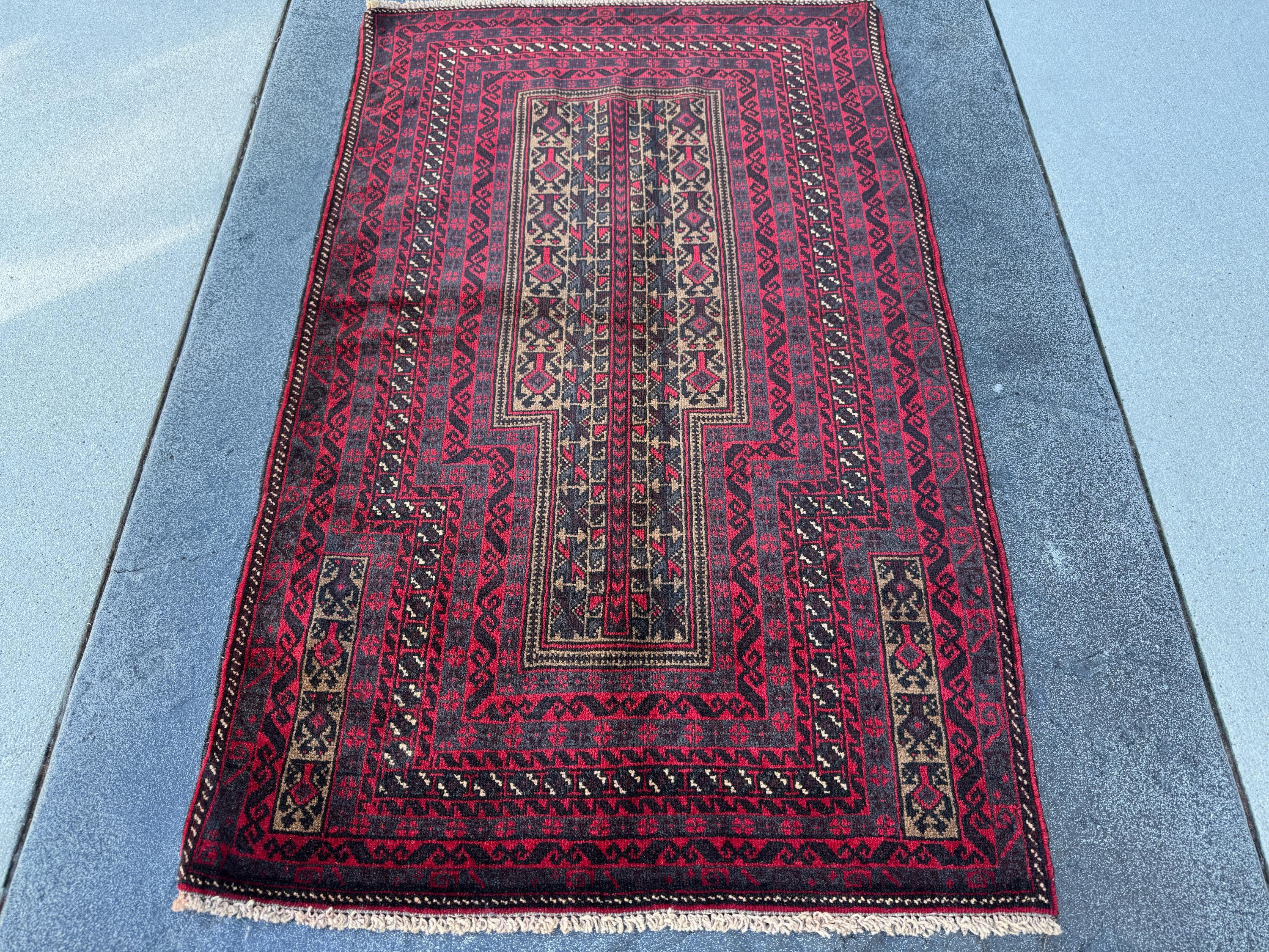 3x5 (91x152) Handmade Vintage Afghan Baluch Rug | Crimson Blood Red Black Grey Cream Beige Taupe Tan White | Wool Geometric Traditional