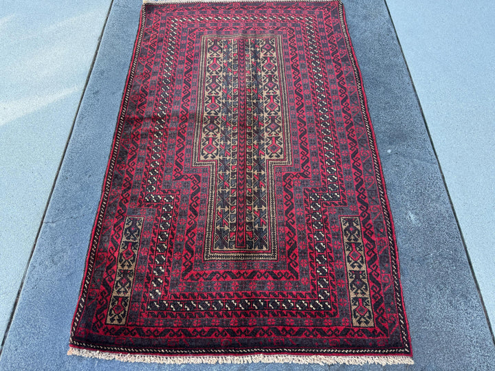 3x5 (91x152) Handmade Vintage Afghan Baluch Rug | Crimson Blood Red Black Grey Cream Beige Taupe Tan White | Wool Geometric Traditional