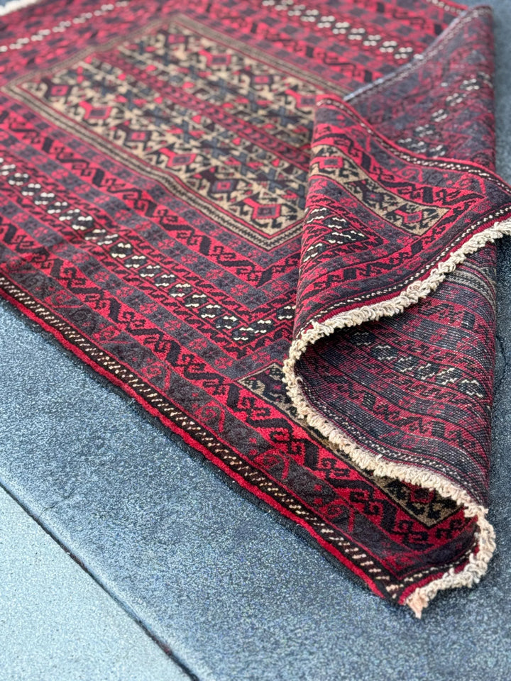 3x5 (91x152) Handmade Vintage Afghan Baluch Rug | Crimson Blood Red Black Grey Cream Beige Taupe Tan White | Wool Geometric Traditional