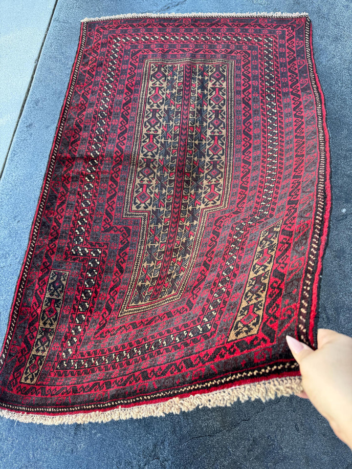 3x5 (91x152) Handmade Vintage Afghan Baluch Rug | Crimson Blood Red Black Grey Cream Beige Taupe Tan White | Wool Geometric Traditional