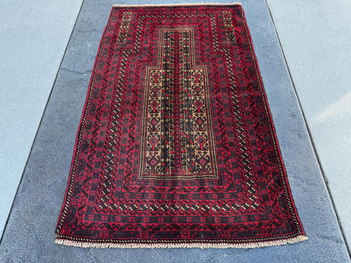 3x5 (91x152) Handmade Vintage Afghan Baluch Rug | Crimson Blood Red Black Grey Cream Beige Taupe Tan White | Wool Geometric Traditional