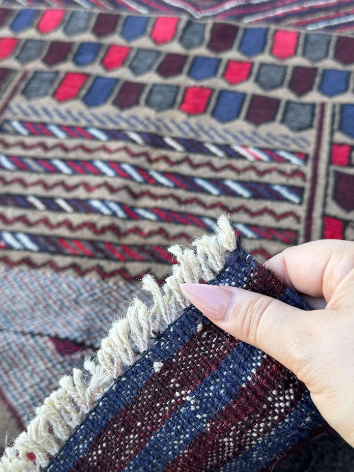 3x4-5 (91x152) Handmade Vintage Afghan Baluch Rug | Crimson Scarlet Wine Red White Ivory Beige Taupe Tan Navy Blue Black | Wool Traditional