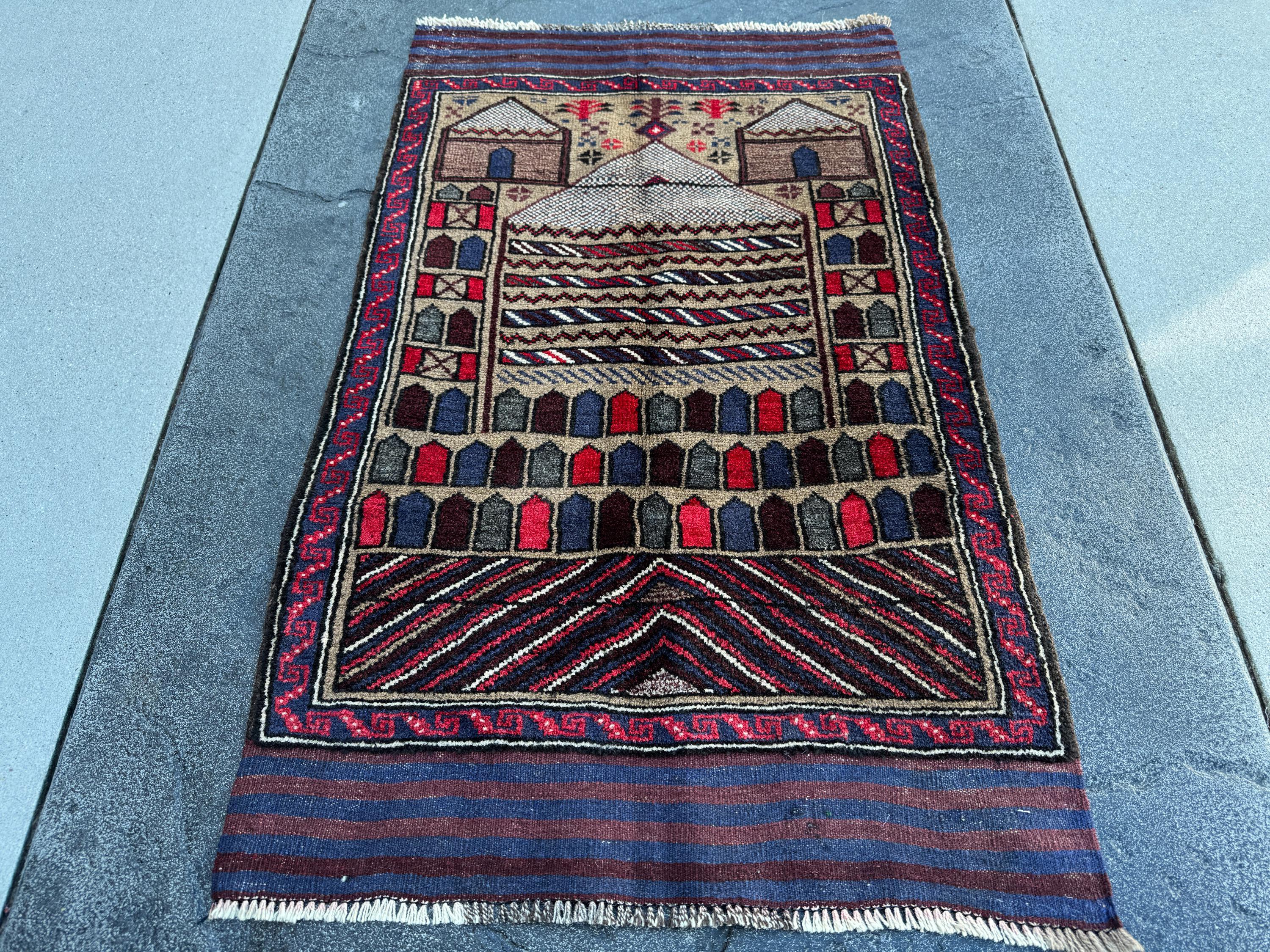 3x4-5 (91x152) Handmade Vintage Afghan Baluch Rug | Crimson Scarlet Wine Red White Ivory Beige Taupe Tan Navy Blue Black | Wool Traditional