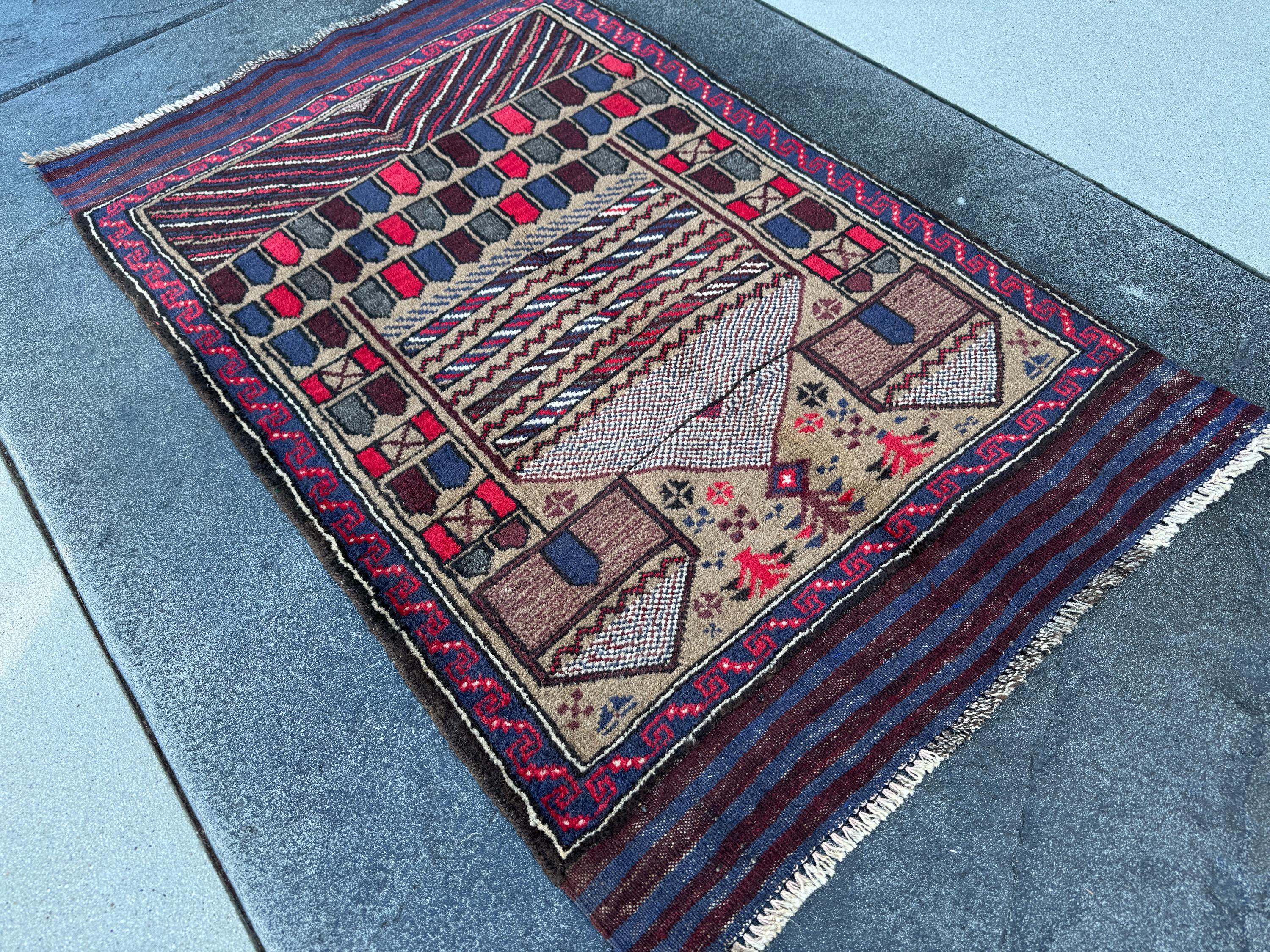 3x4-5 (91x152) Handmade Vintage Afghan Baluch Rug | Crimson Scarlet Wine Red White Ivory Beige Taupe Tan Navy Blue Black | Wool Traditional
