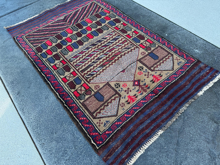 3x4-5 (91x152) Handmade Vintage Afghan Baluch Rug | Crimson Scarlet Wine Red White Ivory Beige Taupe Tan Navy Blue Black | Wool Traditional