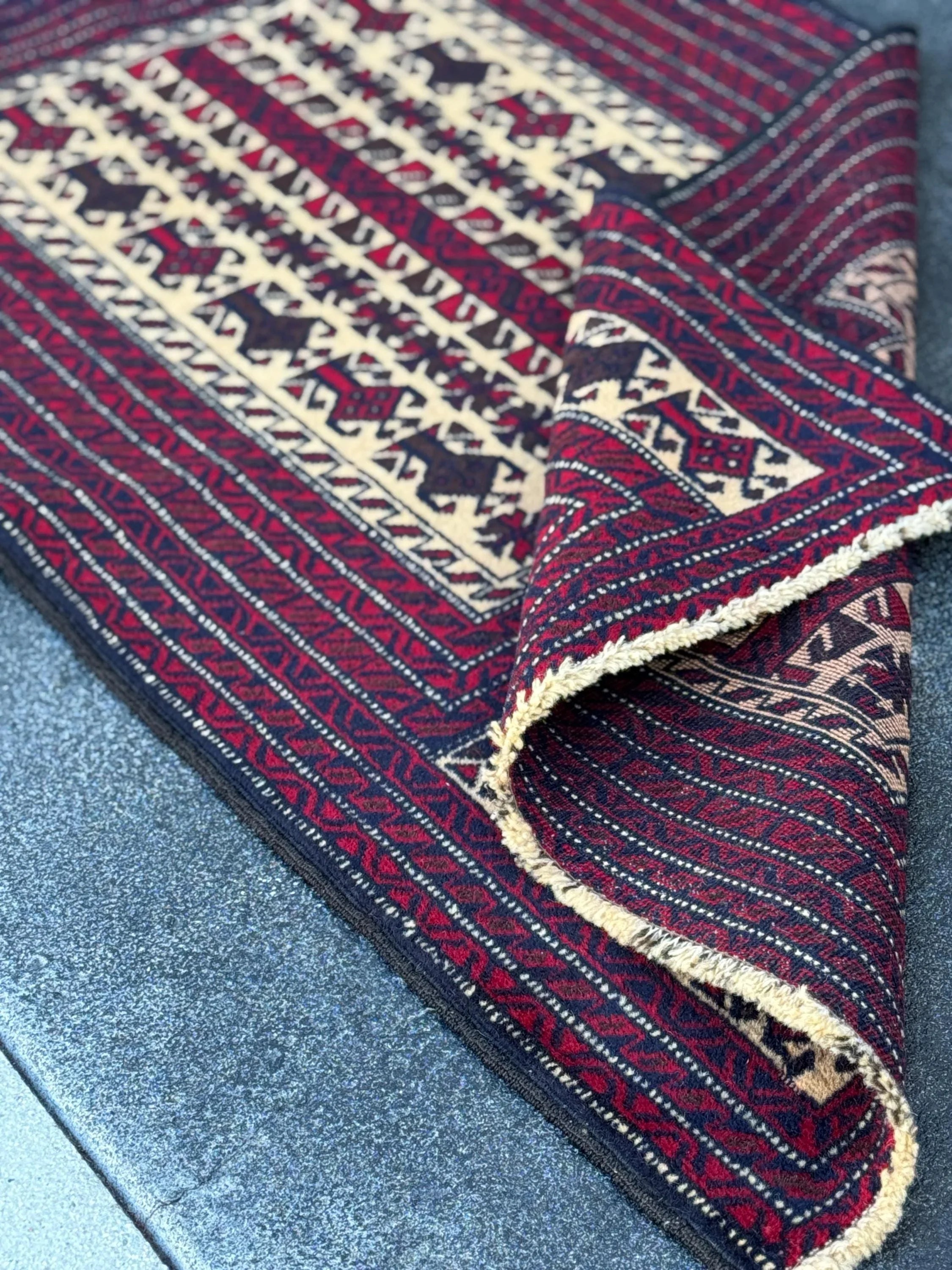 3x4 (91x121) Handmade Vintage Afghan Baluch Rug | Blood Red Auburn Black Chocolate Brown Cream White Ivory Midnight Blue | Wool Geometric