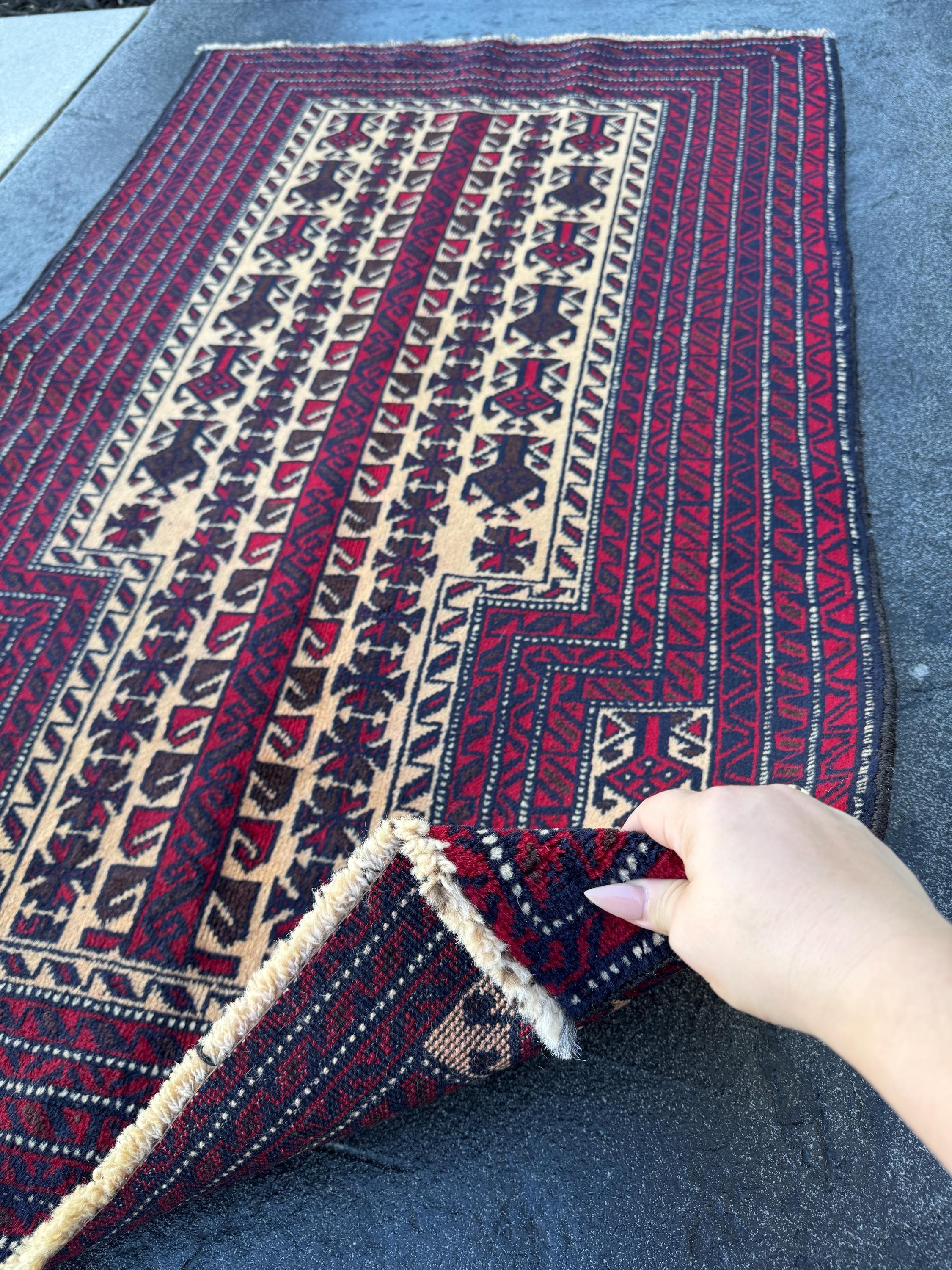 3x4 (91x121) Handmade Vintage Afghan Baluch Rug | Blood Red Auburn Black Chocolate Brown Cream White Ivory Midnight Blue | Wool Geometric