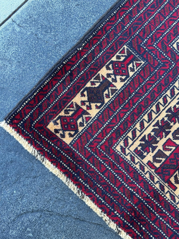 3x4 (91x121) Handmade Vintage Afghan Baluch Rug | Blood Red Auburn Black Chocolate Brown Cream White Ivory Midnight Blue | Wool Geometric