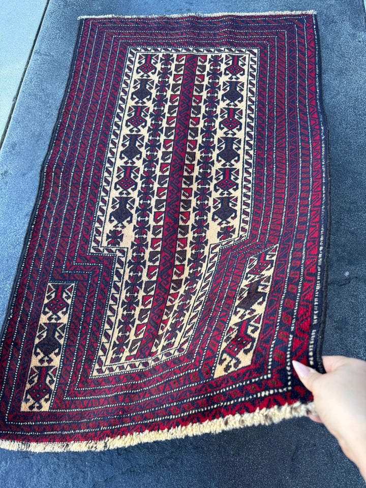 3x4 (91x121) Handmade Vintage Afghan Baluch Rug | Blood Red Auburn Black Chocolate Brown Cream White Ivory Midnight Blue | Wool Geometric