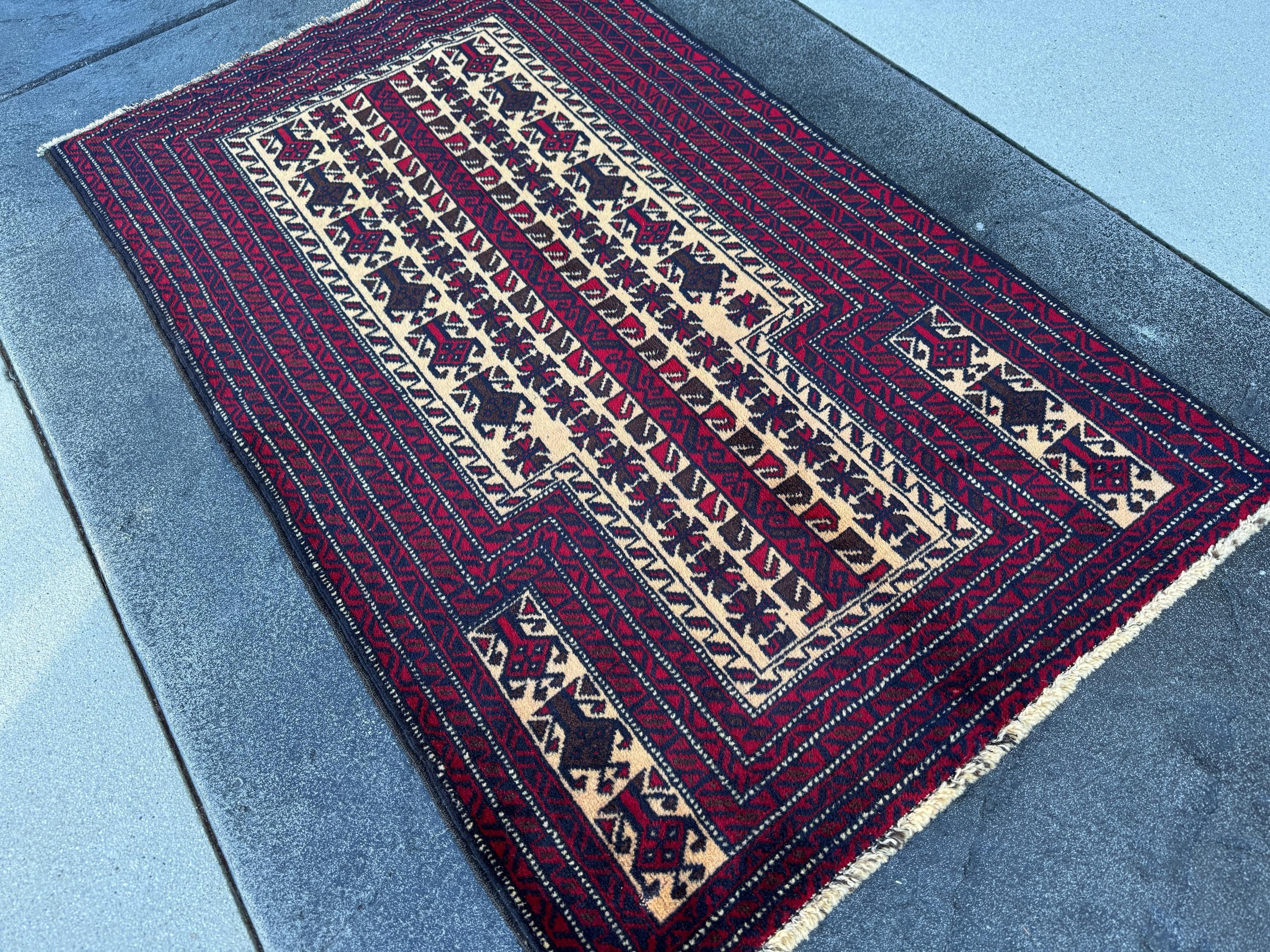 3x4 (91x121) Handmade Vintage Afghan Baluch Rug | Blood Red Auburn Black Chocolate Brown Cream White Ivory Midnight Blue | Wool Geometric