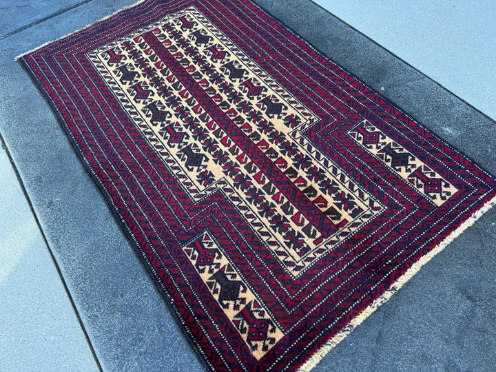 3x4 (91x121) Handmade Vintage Afghan Baluch Rug | Blood Red Auburn Black Chocolate Brown Cream White Ivory Midnight Blue | Wool Geometric