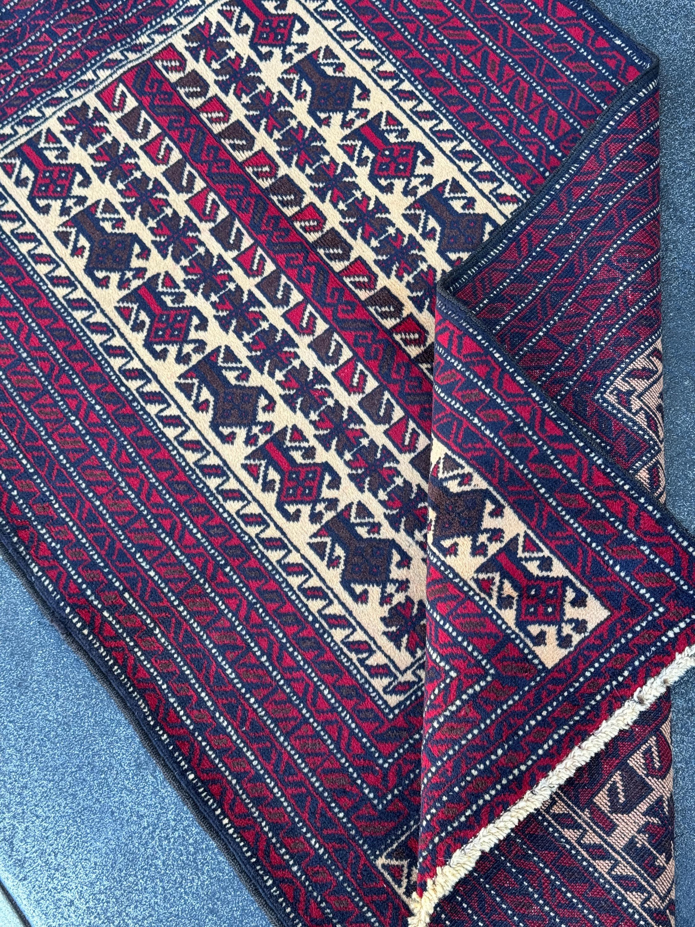 3x4 (91x121) Handmade Vintage Afghan Baluch Rug | Blood Red Auburn Black Chocolate Brown Cream White Ivory Midnight Blue | Wool Geometric