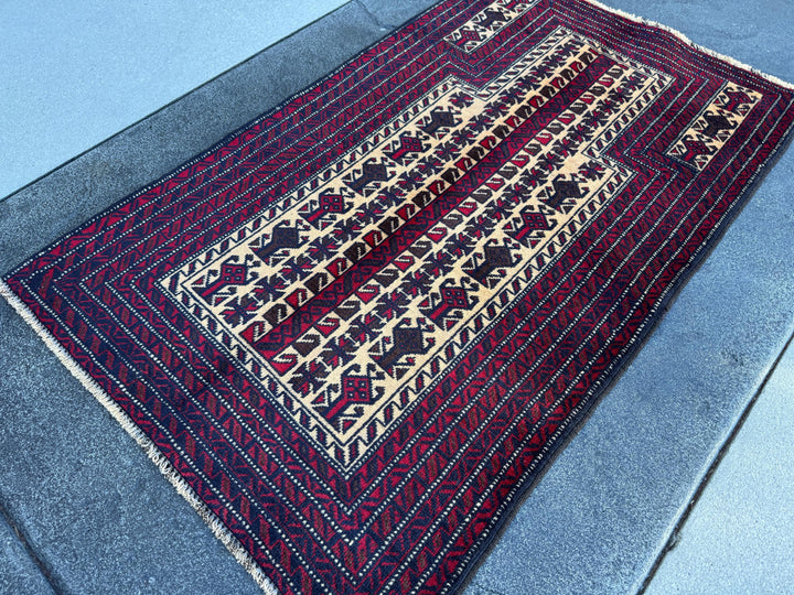 3x4 (91x121) Handmade Vintage Afghan Baluch Rug | Blood Red Auburn Black Chocolate Brown Cream White Ivory Midnight Blue | Wool Geometric