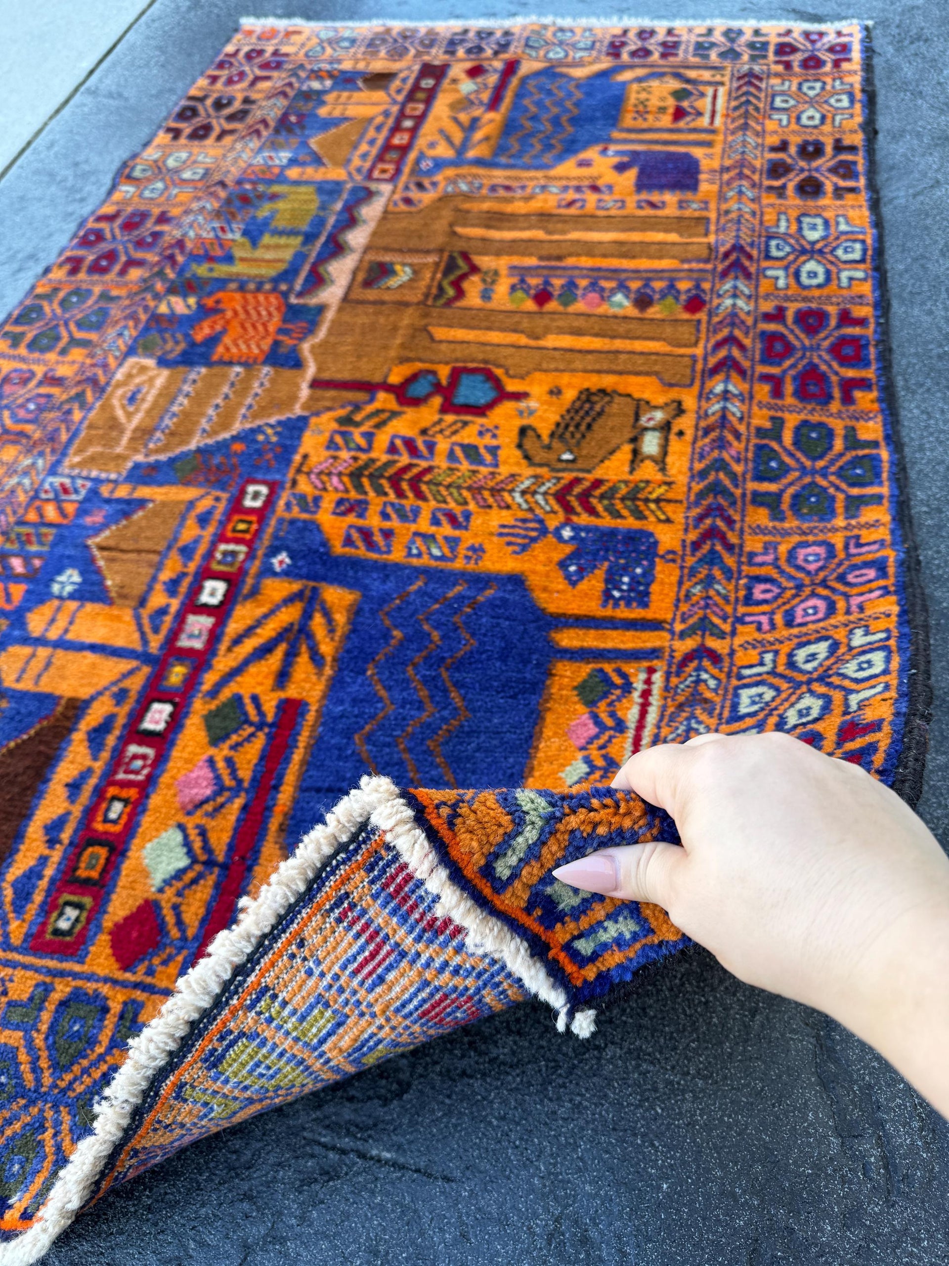 3x5 Handmade Vintage Afghan Baluch Rug | Gold Saffron Mustard Yellow Orange Royal Powder Denim Blue Purple Caramel Blood Red Moss Green Wool