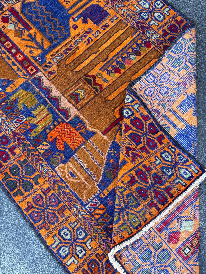 3x5 Handmade Vintage Afghan Baluch Rug | Gold Saffron Mustard Yellow Orange Royal Powder Denim Blue Purple Caramel Blood Red Moss Green Wool