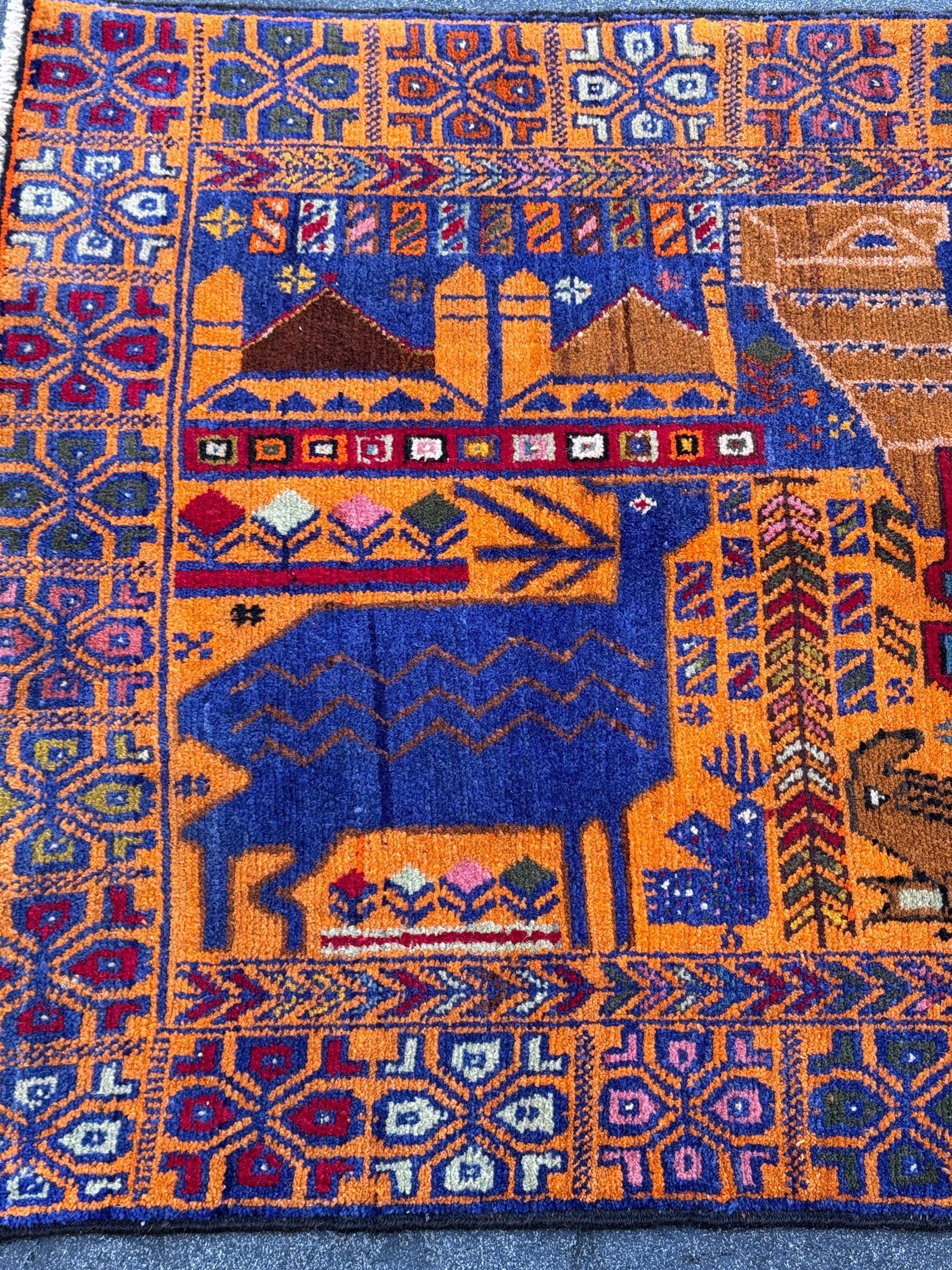 3x5 Handmade Vintage Afghan Baluch Rug | Gold Saffron Mustard Yellow Orange Royal Powder Denim Blue Purple Caramel Blood Red Moss Green Wool