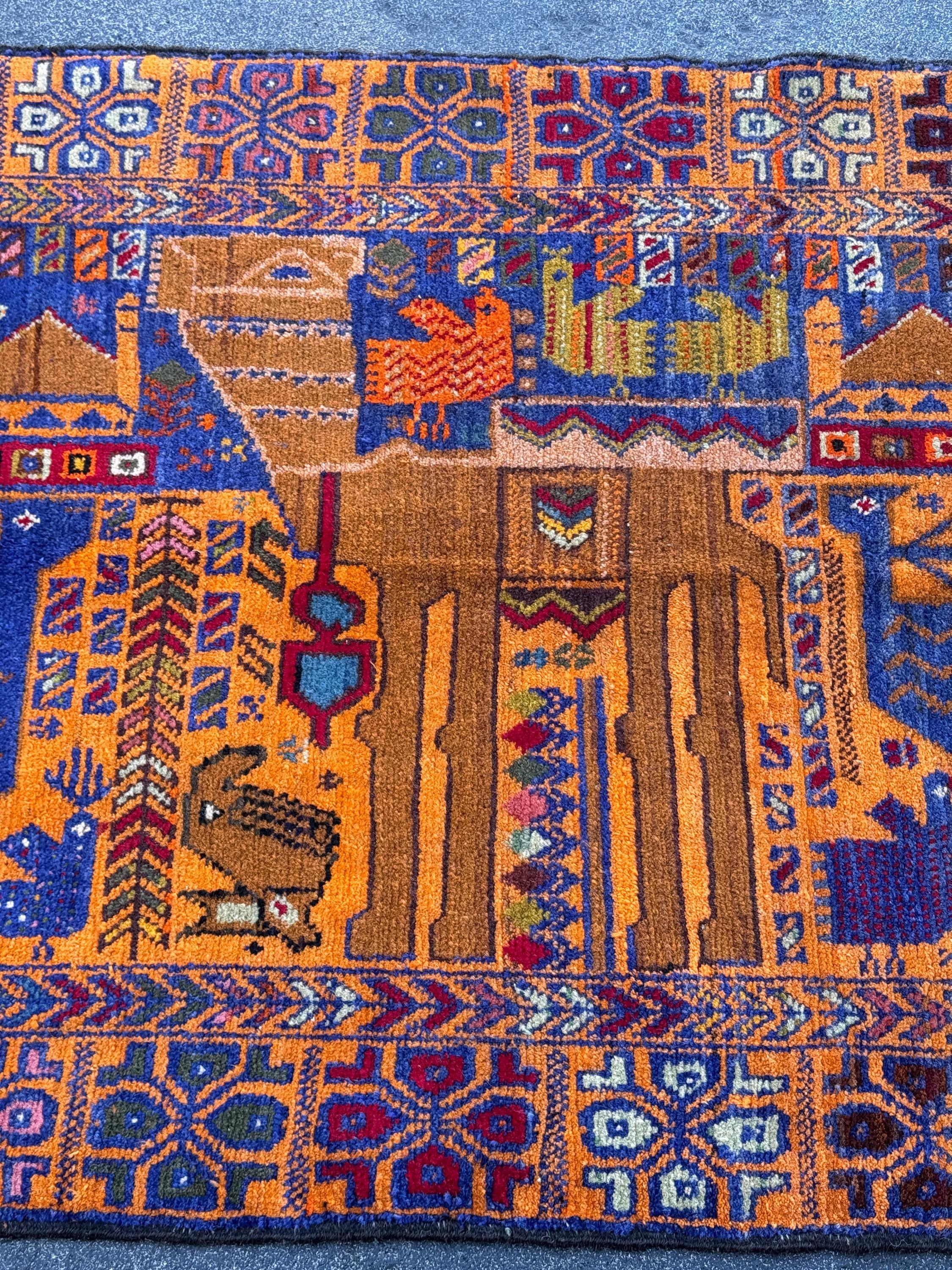 3x5 Handmade Vintage Afghan Baluch Rug | Gold Saffron Mustard Yellow Orange Royal Powder Denim Blue Purple Caramel Blood Red Moss Green Wool